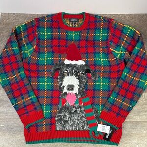 33 Degrees Dog Christmas Sweater Multicolor Plaid Fuzzy Appliqué Holiday Sweater